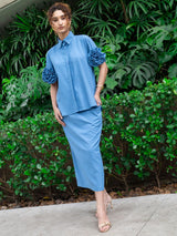 Camisa Flor Alto Relevo Algodão Azul
