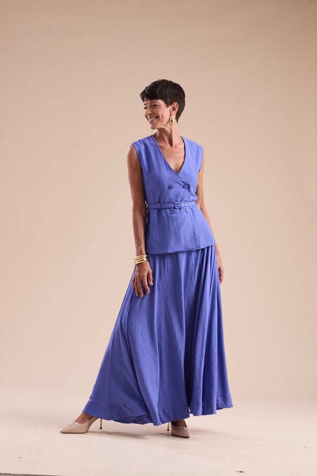 Conjunto Alfaiataria Colete e Saia Ampla Azul